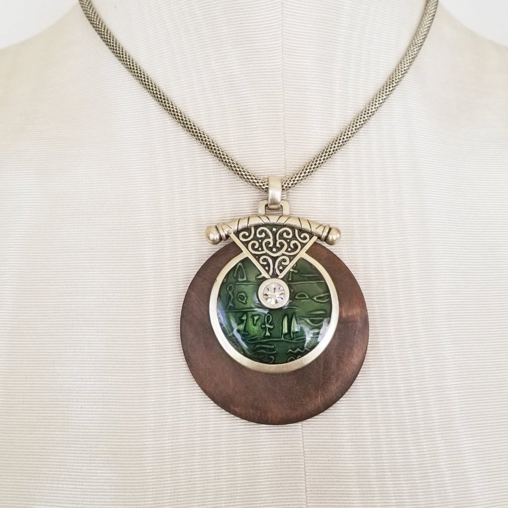 Egyptian Hieroglyphics Necklace  Wood & Metal on Snake Chain 16"-19"